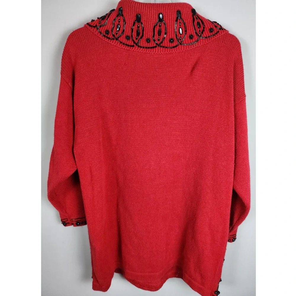 Vtg Victoria Jones Red Beaded Cowl Neck Sweater Top Womens Size L‎ Ramie Cotton